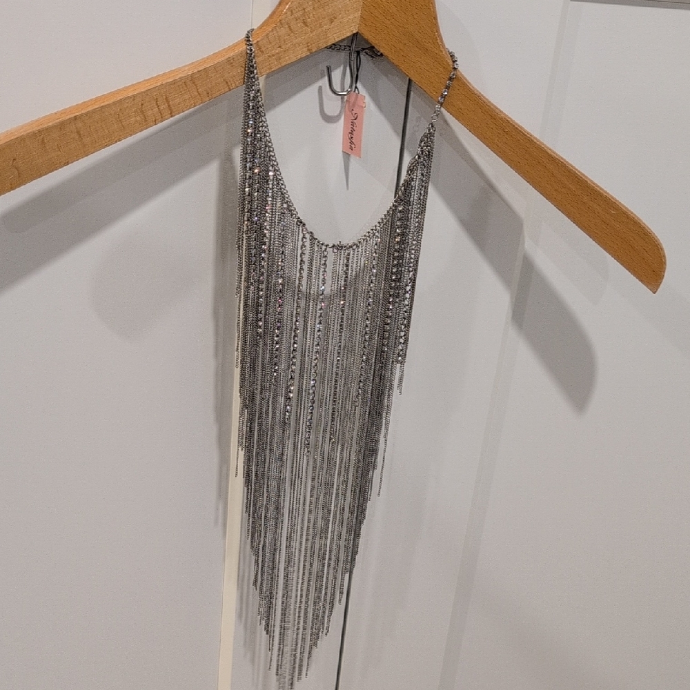 Natasha Couture Silver Fringe Bib Necklace.NWT